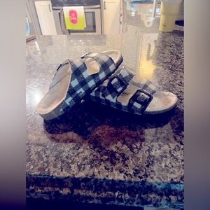 Checkered Birkenstock Slide Sandals with Buckles and suede leather shearling.